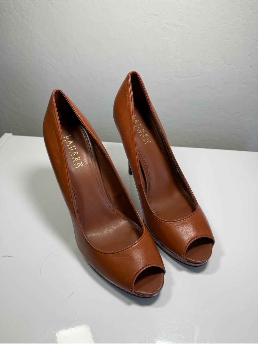 Lauren Ralph Lauren Tan Leather Peep Toe Heels Size 10